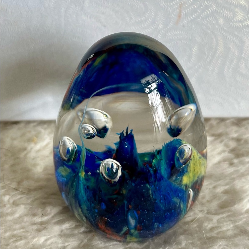 Dynasty Gallery Heirloom Multicolored Blue Glass Egg Shaped Paperweight.